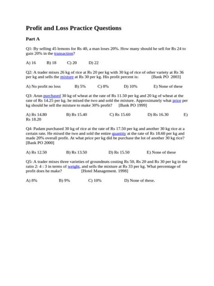 What are the profit and loss practice questions?